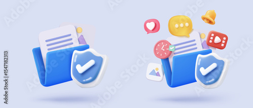 3D media data with video and photo management. Searching image and video files in gallery library. Document management soft database, document form. 3d multimedia file icon vector render illustration