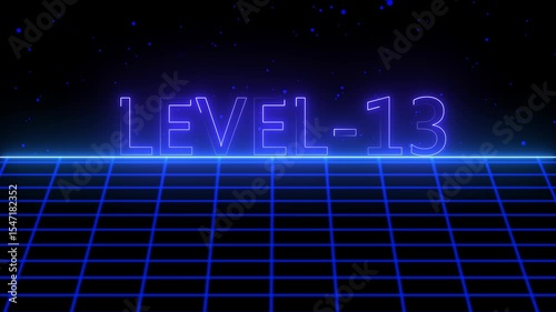 Level -13 text font with neon light with laser grid landscape. New quality universal vintage motion dynamic animated background colorful joyful video