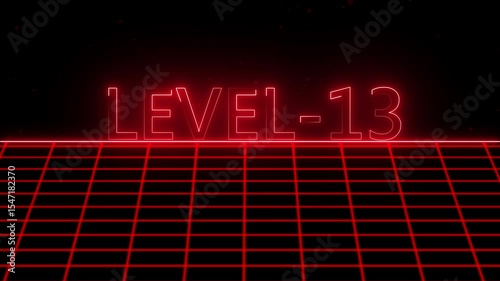 Level -13 text font with neon light with laser grid landscape. New quality universal vintage motion dynamic animated background colorful joyful video