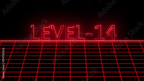 Level -14 text font with neon light with laser grid landscape. New quality universal vintage motion dynamic animated background colorful joyful video