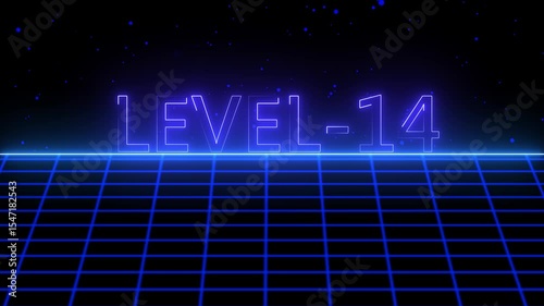 Level -14 text font with neon light with laser grid landscape. New quality universal vintage motion dynamic animated background colorful joyful video
