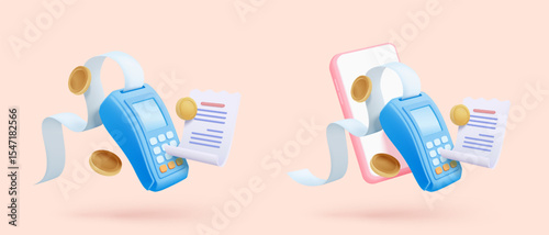 3D bill payment with credit card and financial for online shopping, payment credit card with alert notification. Invoice transaction with money coin. 3d receipt vector icon render illustration