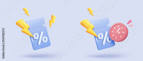 3d tag price icon signs with clock notice for discount coupon of cash and future use shopping. sales coupon offer for shopping, special promotion. 3d discount reminder icon vector render illustration