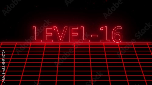 Level -16 text font with neon light with laser grid landscape. New quality universal vintage motion dynamic animated background colorful joyful video
