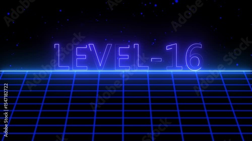 Level -16 text font with neon light with laser grid landscape. New quality universal vintage motion dynamic animated background colorful joyful video