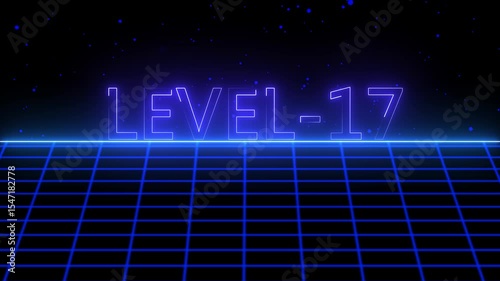 Level -17 text font with neon light with laser grid landscape. New quality universal vintage motion dynamic animated background colorful joyful video