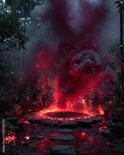 Red Fog and Fire Ritual Circle in Dark Forest
