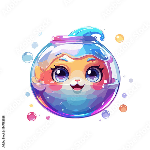 Cute cartoon fishbowl character with colorful water and cheerful face, smiling on white background