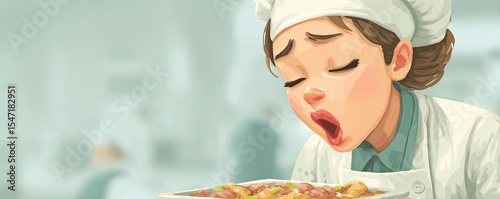 Tainted food from improper handling and toilet rush concept. A tired chef yawning while holding a delicious plate of food.