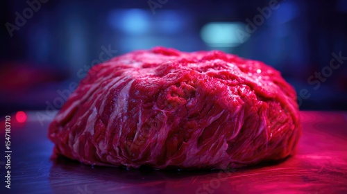 Tainted food from improper handling and toilet rush concept. Close-up of fresh raw meat illuminated by colorful lighting.