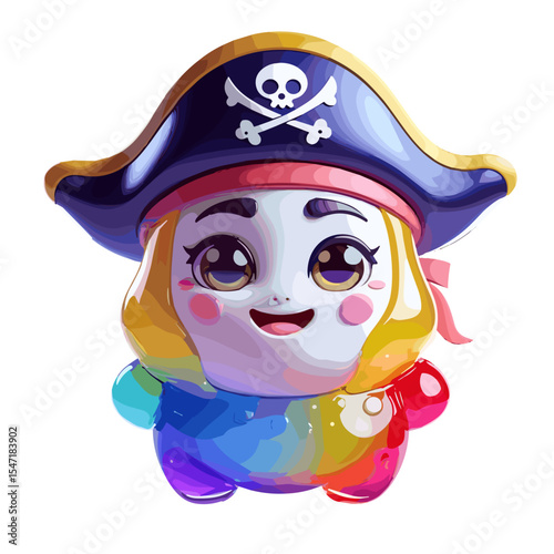 Cute cartoon pirate character with rainbow colors and cheerful expression on white background