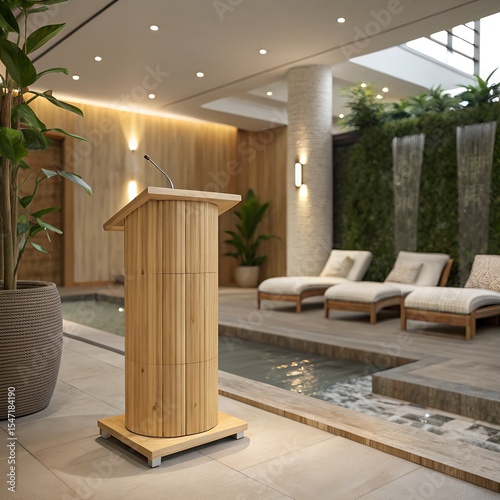 A modern wooden podium stands beside a tranquil indoor pool in a luxurious spa setting
