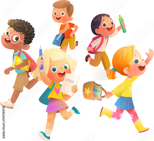 Happy children students friends running playing with backpacks books and pencils. Fun back to school kids characters cartoon. Vector illustration of children running playing, educational clip art.