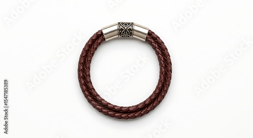 Braided brown leather bracelet with metal clasp on white background