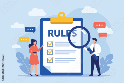 Compliance and Policy Management: Reviewing Rules and Regulations for Business Operations flat vector illustration