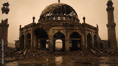 Ruined historical building against pale overcast sky depicting historical decay