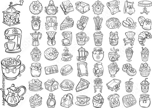Hand drawn coffee, pastries, desserts, and cafe elements for bakery and coffee shop design