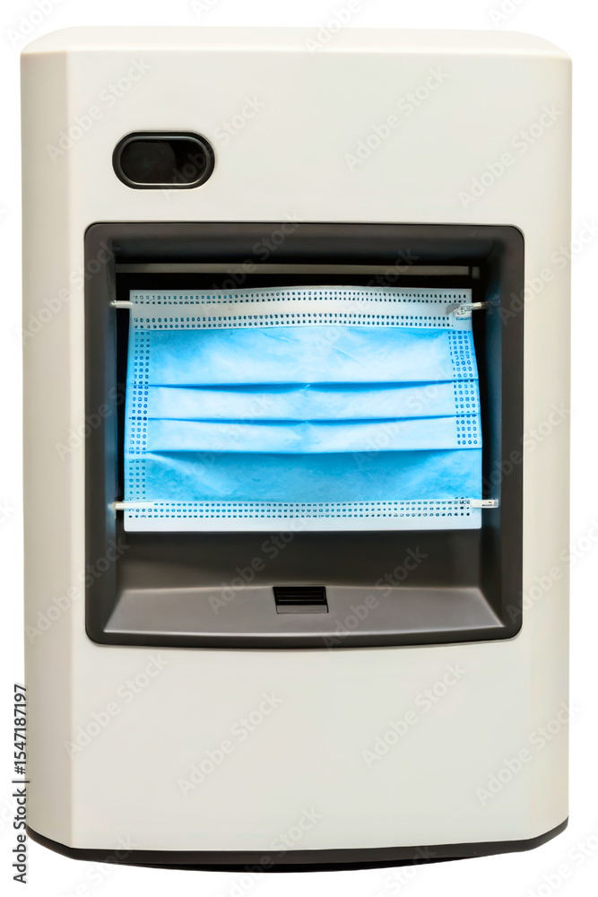 Obraz premium White dispenser unit holding a disposable blue face mask isolated with transparent background
