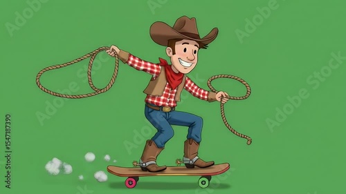 Animated cowboy on skateboard roping