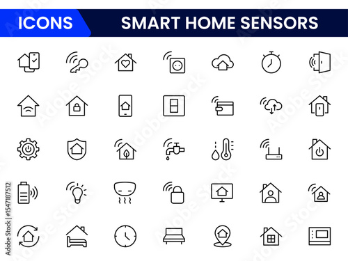 Sleek vector web line icons depicting smart home sensors, automation, security, temperature control, and connected devices for intelligent living.