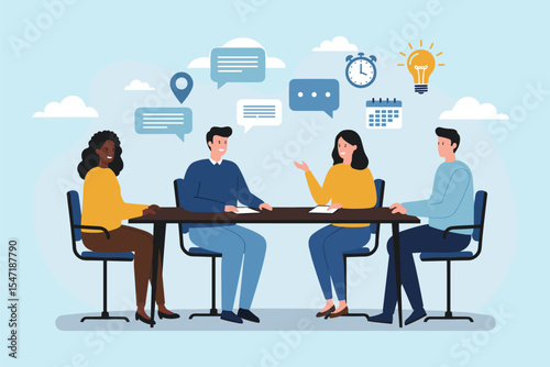 Collaborative Team Meeting: Communication, Planning, and Idea Sharing in a Productive Work Environment flat vector illustration