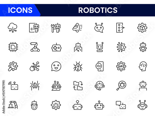Robotics & Automation Icons vector illustration with thin line editable stroke containing data science, algorithm, chatbot, automation, machine learning, neural networks, face.