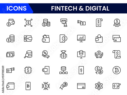 Sleek vector web line icons depicting fintech, digital payments, blockchain, mobile banking, and innovative financial technology for seamless transactions.