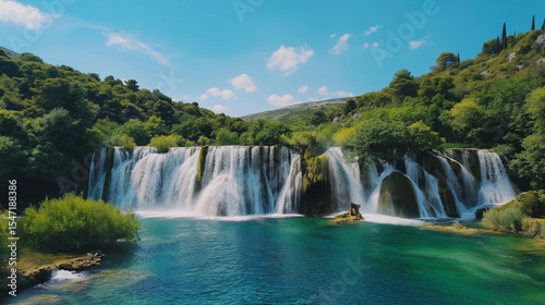 Beautiful waterfall cascaded down cliff, its flowing torrent crashing over rocks into river.