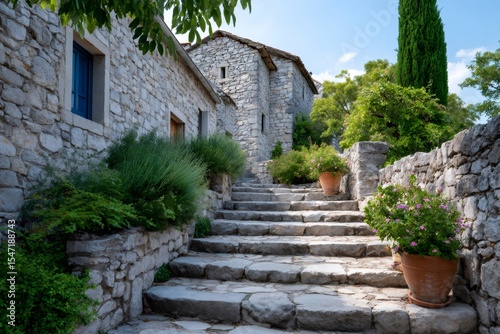 Stone stairs leading to traditional houses in Hum, Croatia