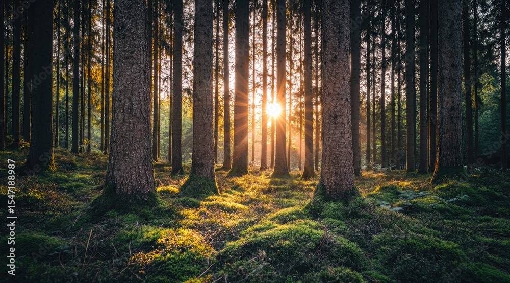 Obraz premium Sunlight streams through a dense forest