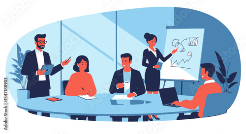 Business team in a meeting. A woman presents a chart on a whiteboard, while colleagues listen and take notes.