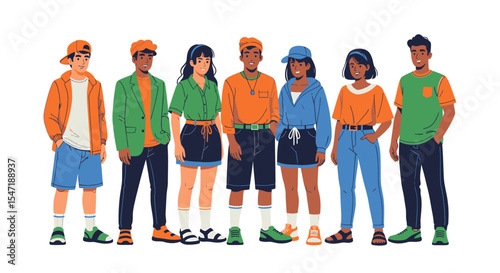 A group of diverse teenagers, dressed in casual, colorful clothing, standing together.