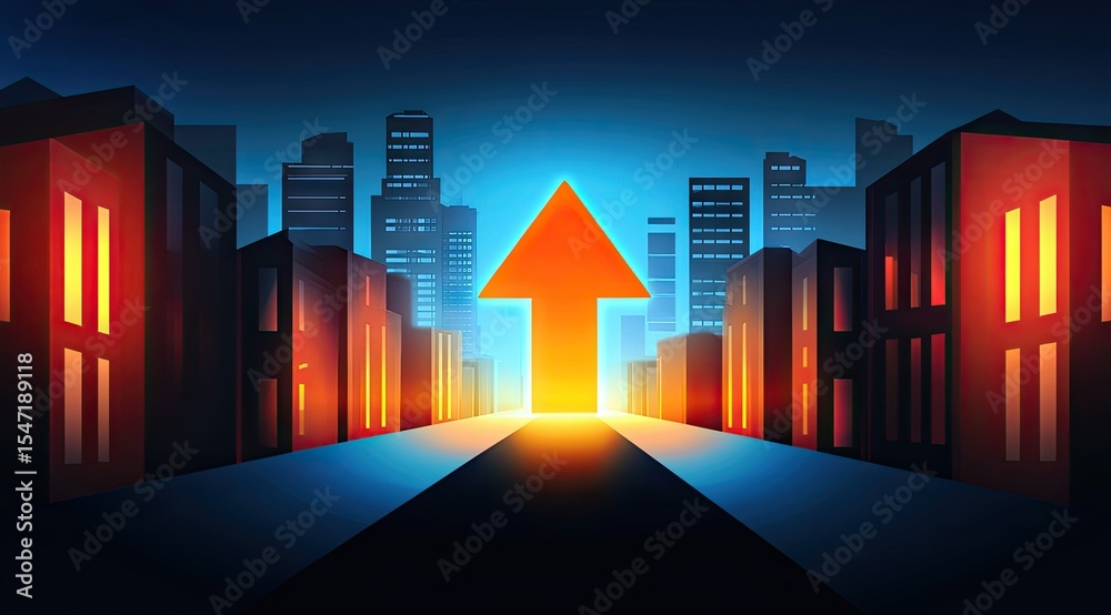 Fototapeta premium City street with upward arrow, glowing brightly, leading to success