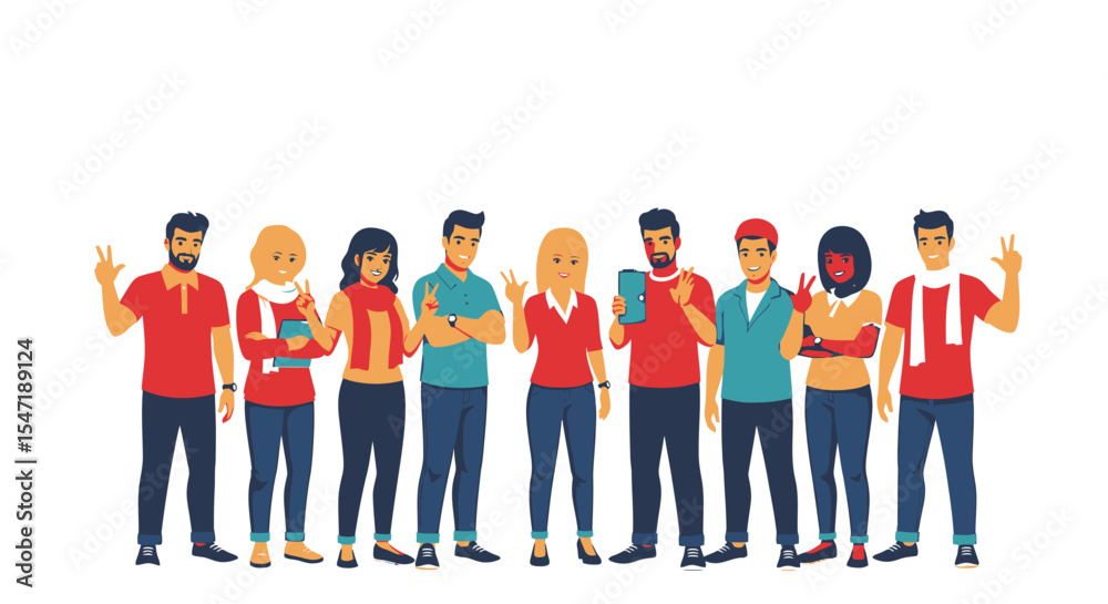 Obraz premium A group of diverse people standing together, various poses and accessories.