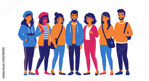 Diverse group of young adults standing together,  wearing casual clothing and bags.