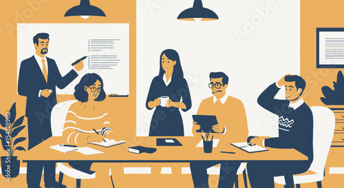 Business meeting in progress, with a presenter and attentive and confused colleagues.
