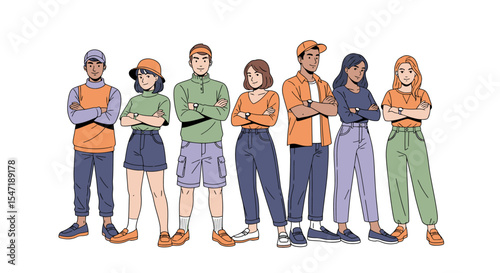 A group of diverse young people standing in a row, arms crossed, dressed in casual outfits.