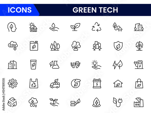 Eco-conscious vector web line icons depicting green tech, sustainability, renewable energy, recycling, and innovative solutions for environmental preservation.