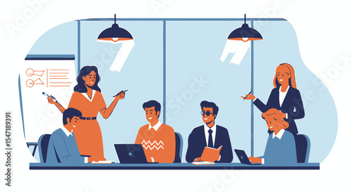Two businesswomen lead a productive team meeting, presenting ideas and collaborating on projects in a modern office setting.