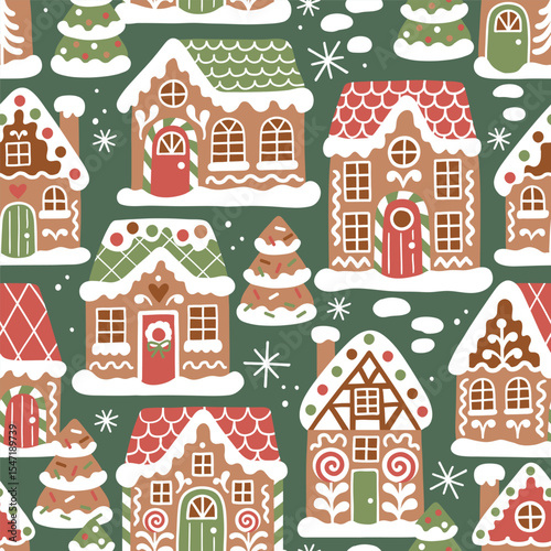 Seamless vector pattern with cute gingerbread houses and Christmas trees. Perfect for textile, wallpaper or nursery print design. EPS 10 vector file.	