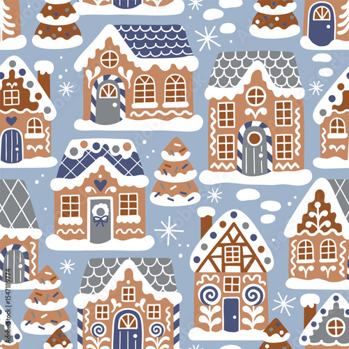 Seamless vector pattern with cute gingerbread houses and Christmas trees. Perfect for textile, wallpaper or nursery print design. EPS 10 vector file.	
