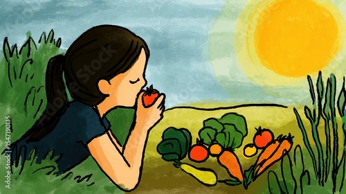A girl is eating vegetables in the garden. Watercolor illustration of vegetable garden harvest