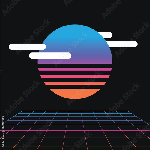 80s Retro Sunset Gradient Light Sunset and Grid, Flat Illustration on Black Background
