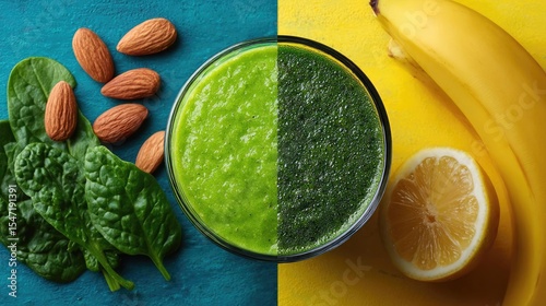 Sugar detox plan with less and diet adjustment concept. Healthy smoothie with spinach, banana, lemon, and almonds.