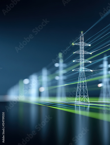 Overhead transmission line towers transporting green clean energy technology illustration