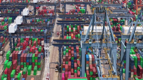 Modern container terminal managing logistics and freight transportation in hong kong, showcasing import and export operations within a dynamic global trade environment. Trade wars, tariffs