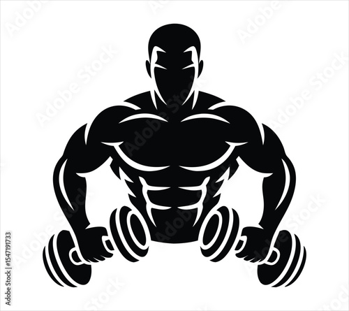 Strong Man with Muscles Vector Illustration, Bodybuilder Fitness Graphic in Black and White On A White Background