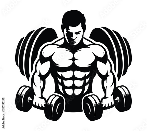 Gym Workout and Fitness Motivation Icon, Muscular Athlete Symbol of Strength and Power On A White Background