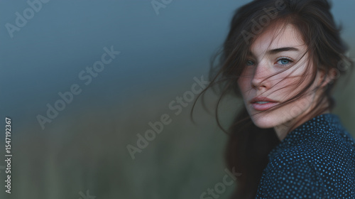 Portrait of Contemplation: A young woman with windswept hair gazes directly at the viewer, her expression a mix of serenity and introspection.