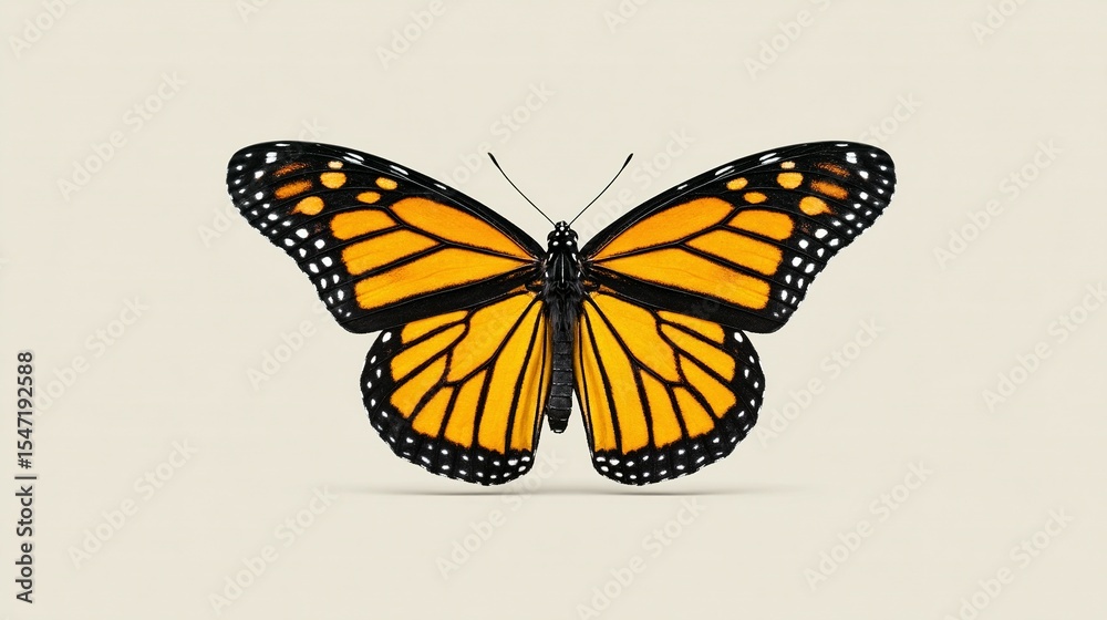 Fototapeta premium Full view of a monarch butterfly against a neutral backdrop.